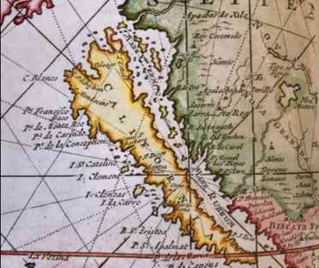 Mapa holandés de Gerard van Keulen, 1975, que asocia a California con el estrecho de Anián. Foto Tomada del libro California: biografía de una palabra, publicado por el Fondo Editorial La Rumorosa